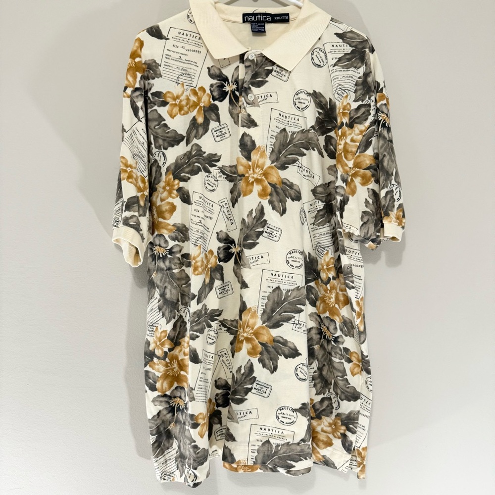 Nautica Vintage Travel Floral Hawaiian 100% Cotton Polo Size XXL